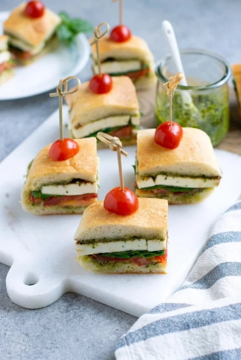 Caprese focaccia bites with pesto, tomato, basil, mozzarella, and cherry tomatoes on picks