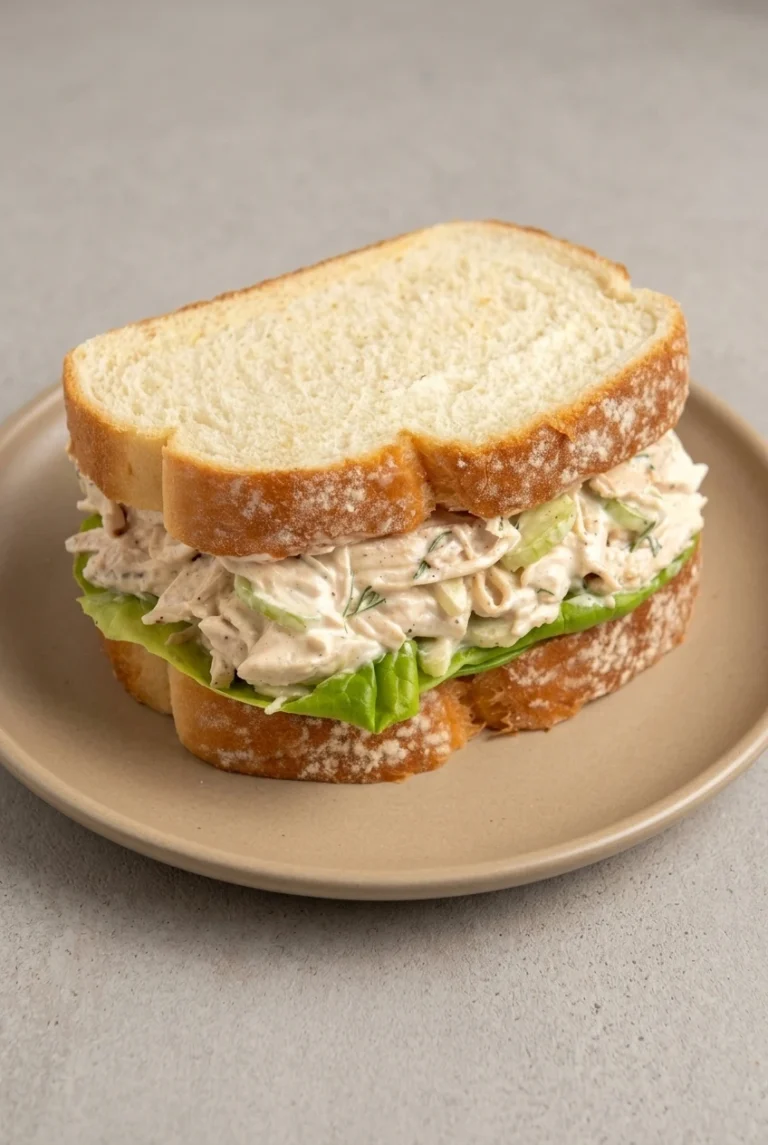 Chicken salad sandwich with chunky dill chicken filling and lettuce on thick rustic white bread