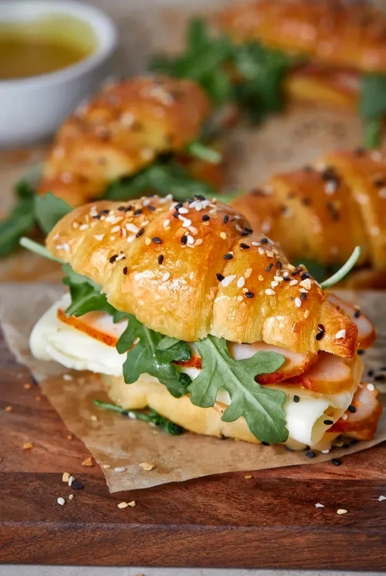 Warm Turkey Croissant Sandwiches with Provolone Turkey croissant sandwiches with seeded golden tops, provolone, turkey, and fresh arugula on a wooden board