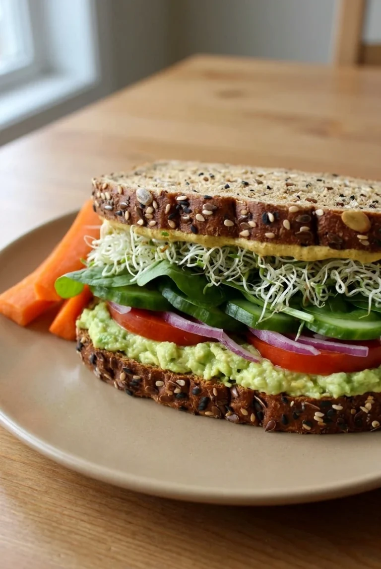 Vegetarian Avocado Sandwich with Sprouts Whole seeded multigrain vegetarian avocado sandwich with tomato, cucumber, greens, sprouts, and carrot sticks