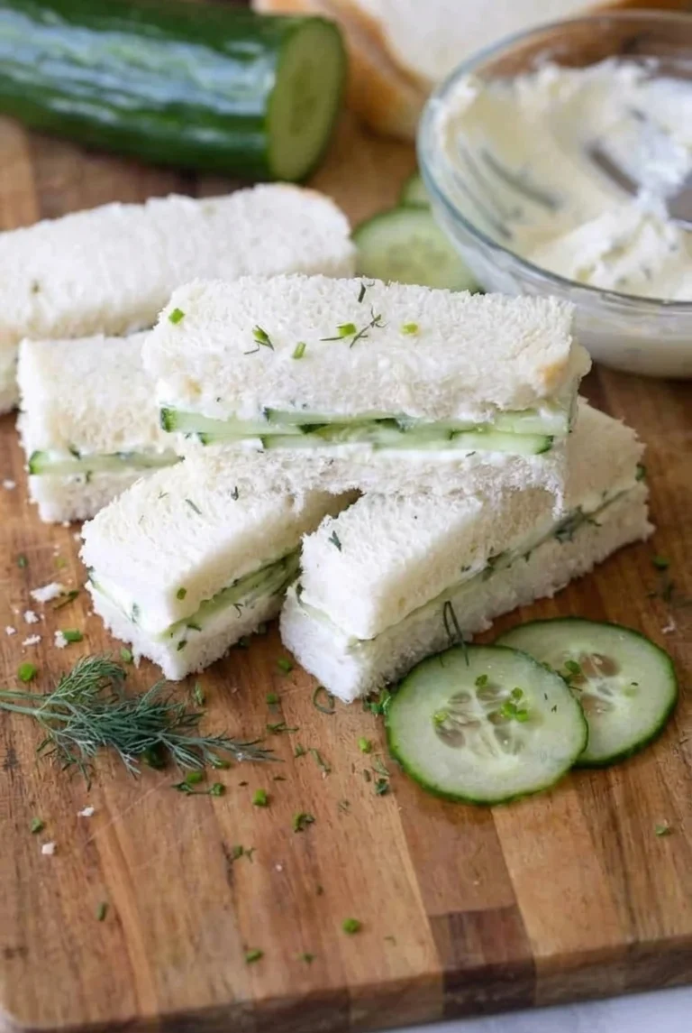 Cucumber Cream Cheese Sandwiches for Tea Crustless cucumber cream cheese tea sandwich fingers stacked on a wooden board, with cucumber and herb filling visible.