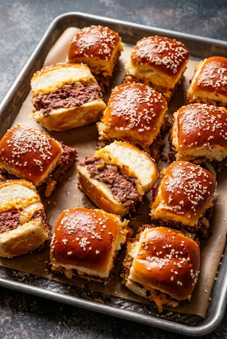 Cheeseburger Sliders with Cheddar and Golden Onions Tray of sesame-topped cheeseburger sliders, with cut halves showing beef, cheddar, and golden onions