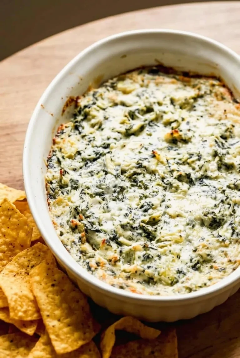 Hot Spinach Artichoke Dip (Creamy Baked Recipe) Hot spinach artichoke dip with a lightly golden cheese top in an oval casserole, served with tortilla chips.