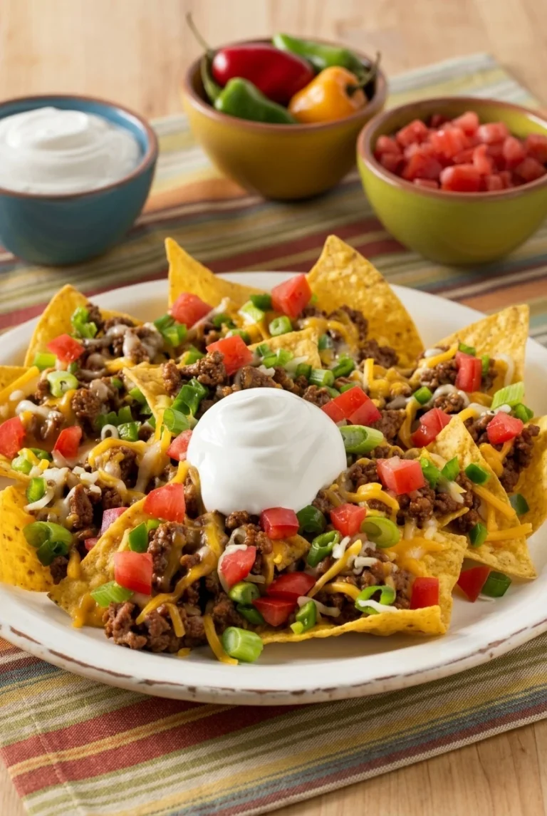 Loaded Beef Nachos with Fresh Tomato and Sour Cream Loaded beef nachos on a white platter with melted cheese, tomato, green onion, jalapeño, and sour cream