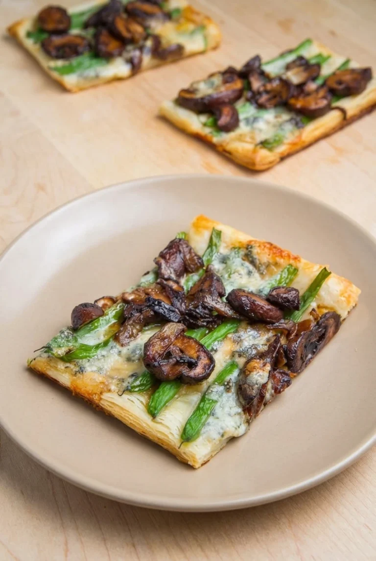 Green Bean and Mushroom Puff Pastry Tart A golden green bean and mushroom puff pastry tart with ricotta and blue cheese on a beige plate.