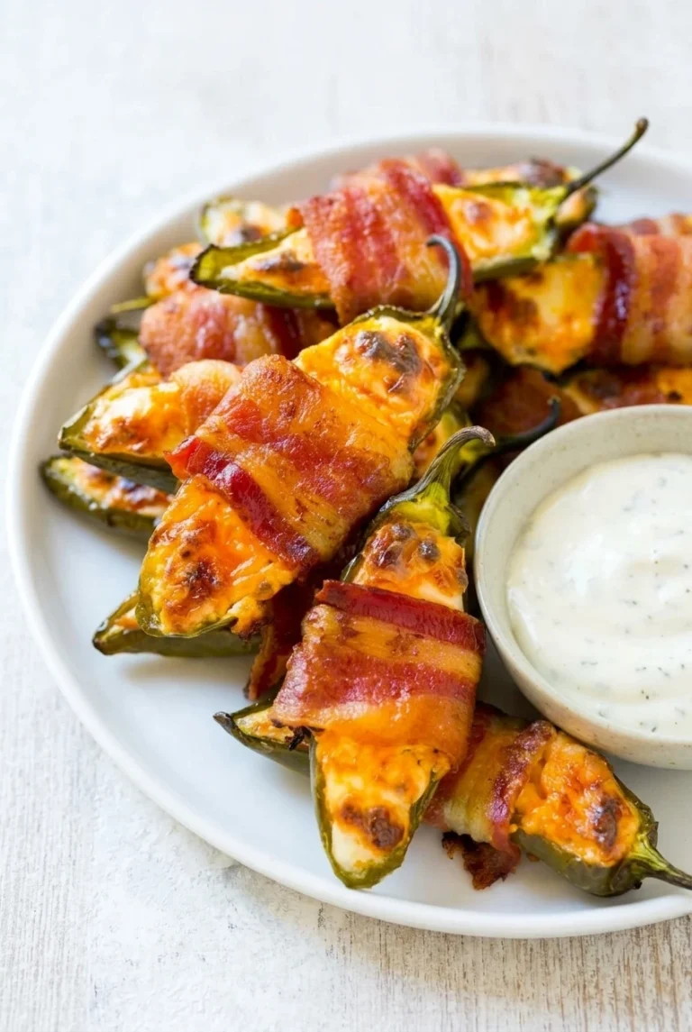 Bacon-wrapped jalapeño poppers piled on a white plate beside a bowl of ranch dip.
