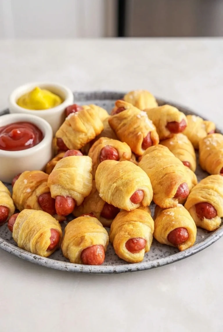 Golden pigs in a blanket piled on a speckled platter with small bowls of mustard and ketchup