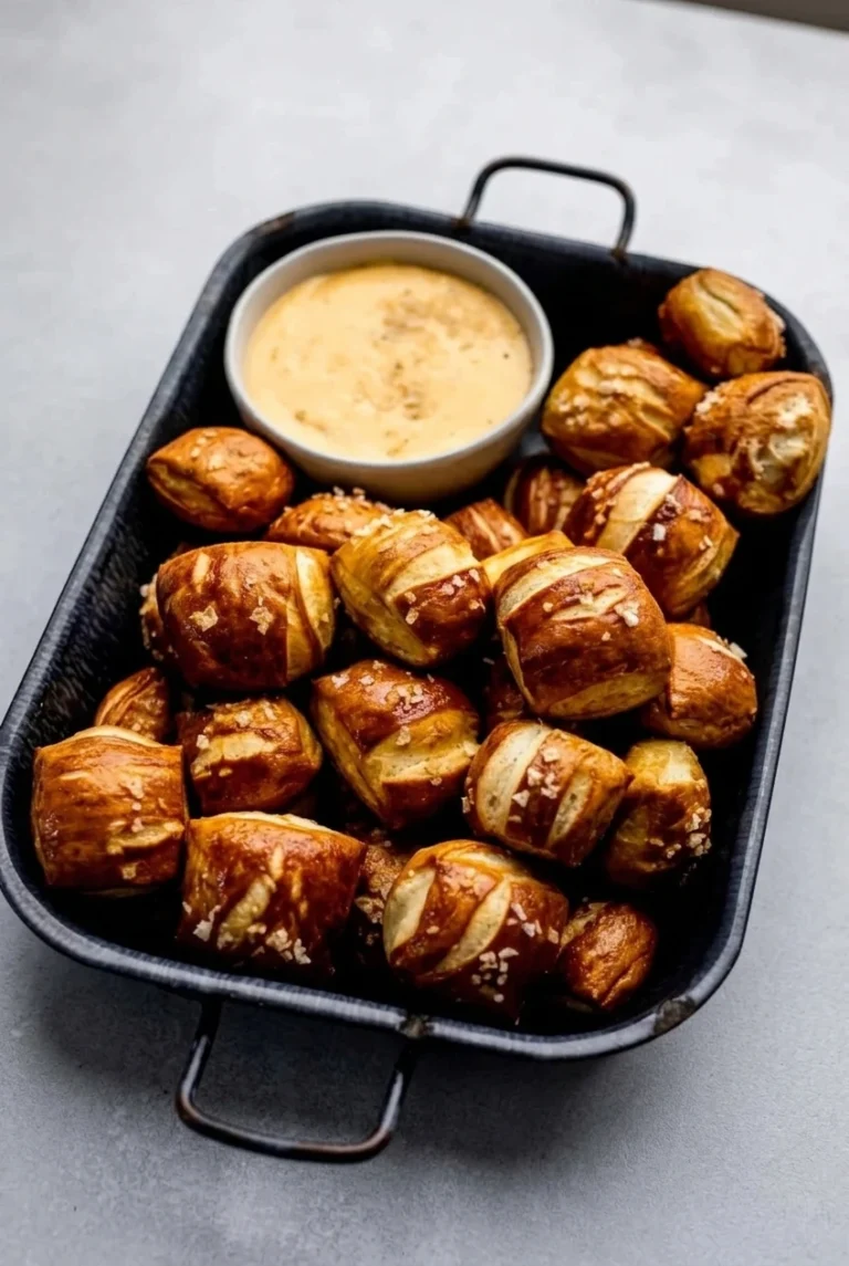 Soft Pretzel Bites with Creamy Cheddar Dip Chunky salted soft pretzel bites piled on a dark tray around a bowl of creamy cheddar dip.