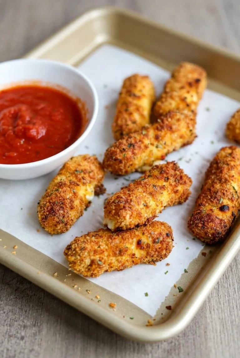 Air fryer mozzarella sticks with a crunchy golden-brown herb coating and a bowl of marinara on a parchment-lined tray.