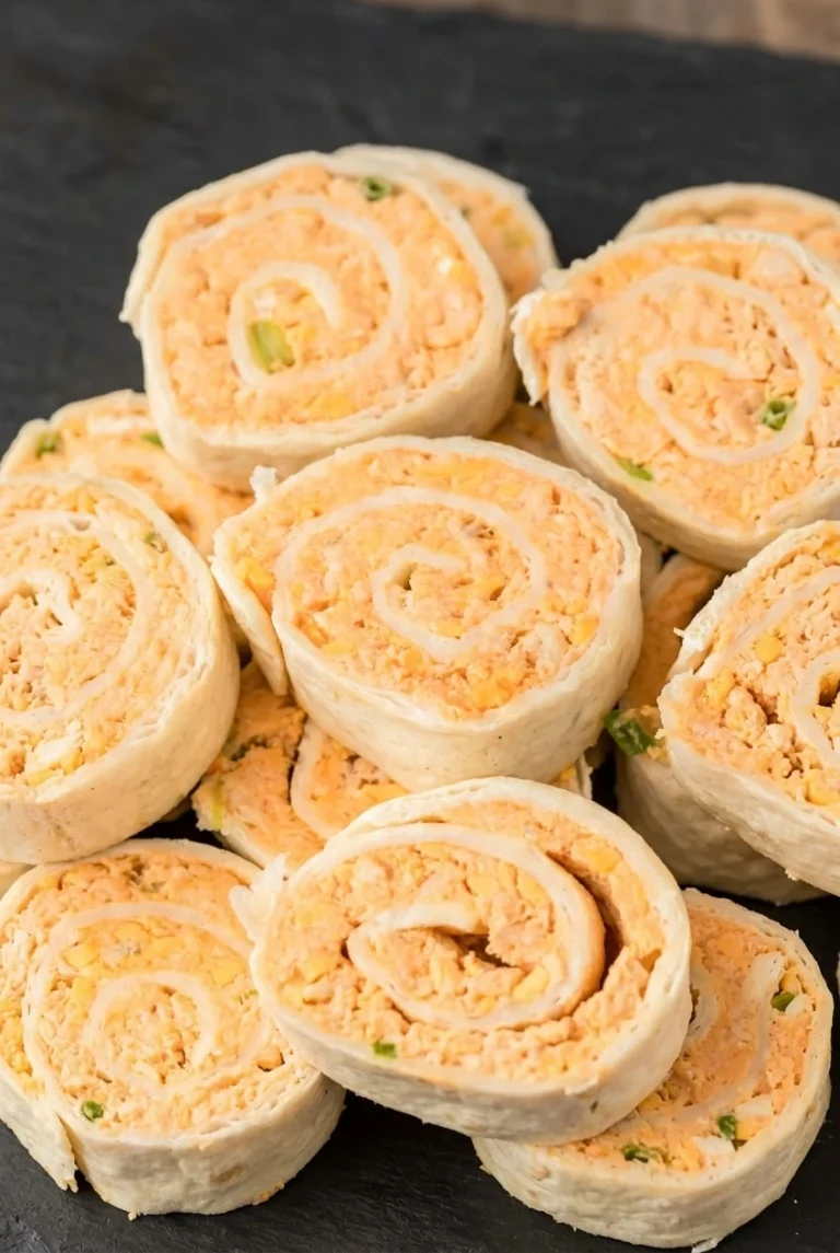 Buffalo chicken pinwheels piled together, showing pale tortilla spirals around orange chicken, cheddar, and green onion.
