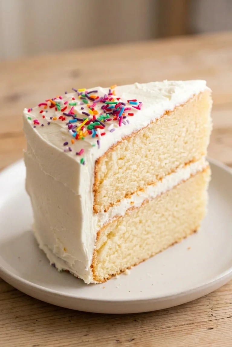 Classic Vanilla Birthday Cake with Buttercream A thick slice of two-layer vanilla birthday cake with white buttercream filling and rainbow sprinkles on top