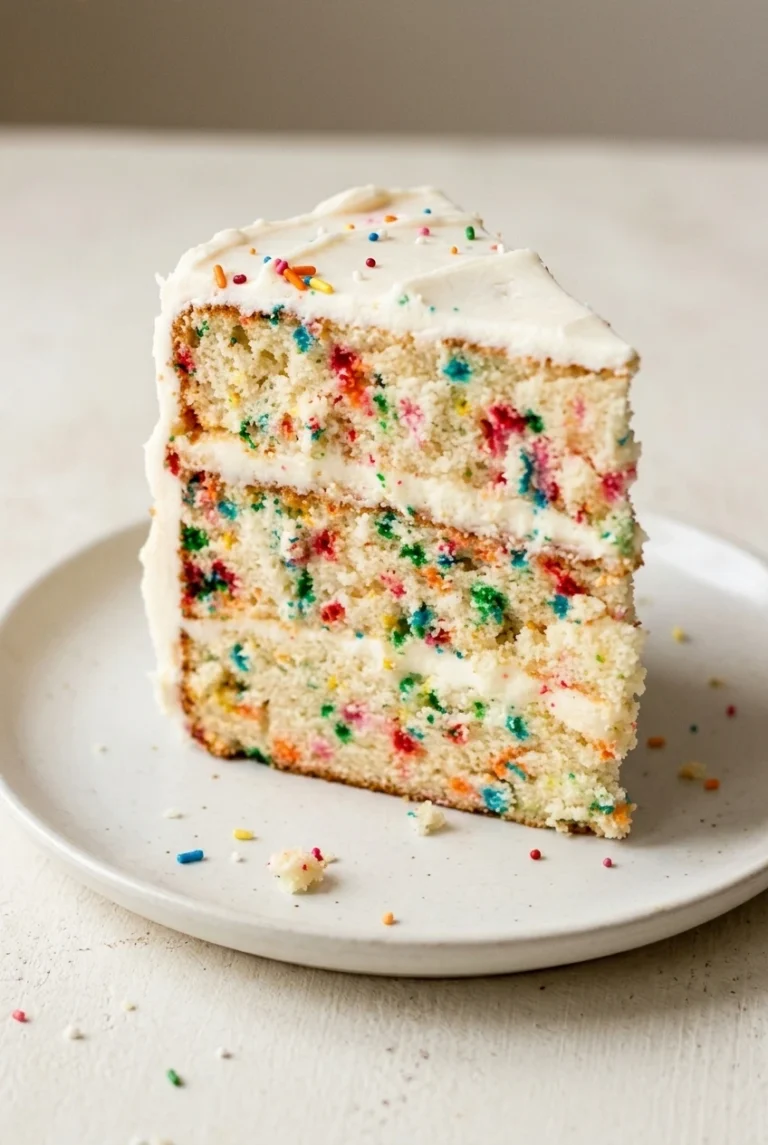 Tall slice of three-layer Funfetti birthday cake with rainbow-speckled crumb and white buttercream.