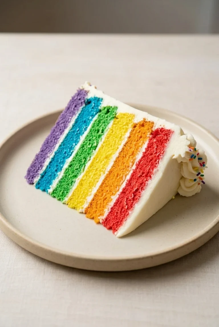 A slice of six-layer rainbow cake with white buttercream and sprinkles on a beige plate