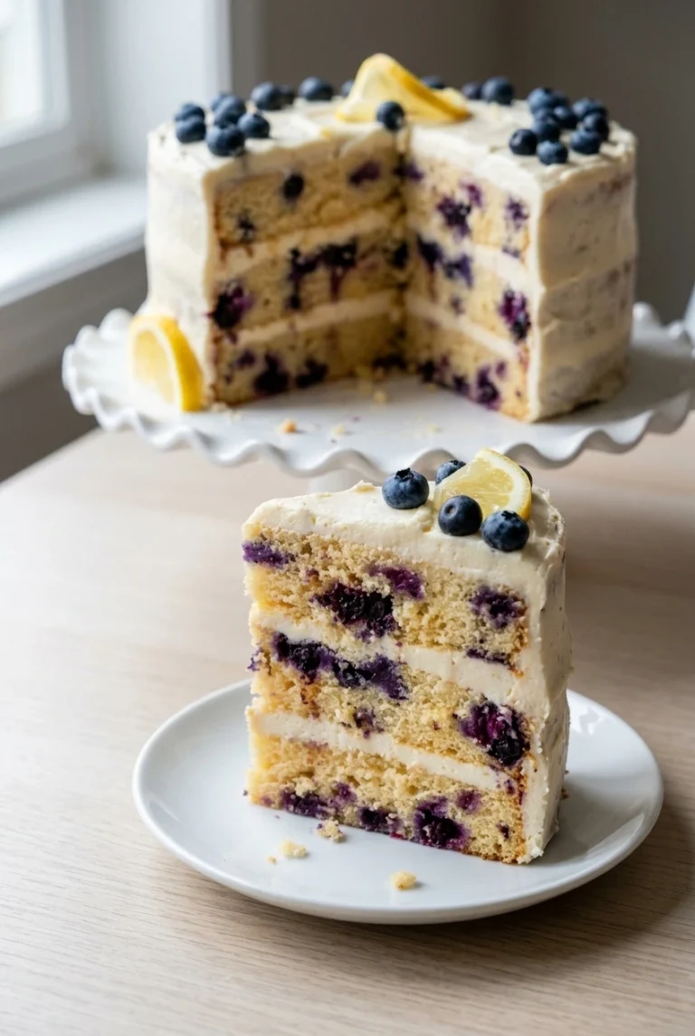 Lemon Blueberry Layer Cake with Cream Cheese Frosting A slice of three-layer lemon blueberry cake with berry-studded crumb and cream cheese frosting, with the cake behind it.