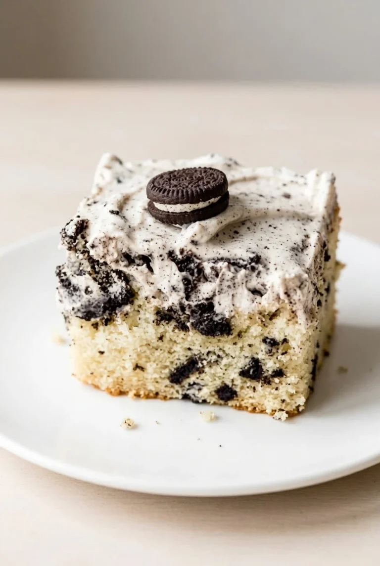Oreo Cookies and Cream Sheet Cake with Oreo Buttercream A square serving of Oreo cookies and cream sheet cake with exposed cookie-studded sides, flecked frosting, and a whole Oreo.