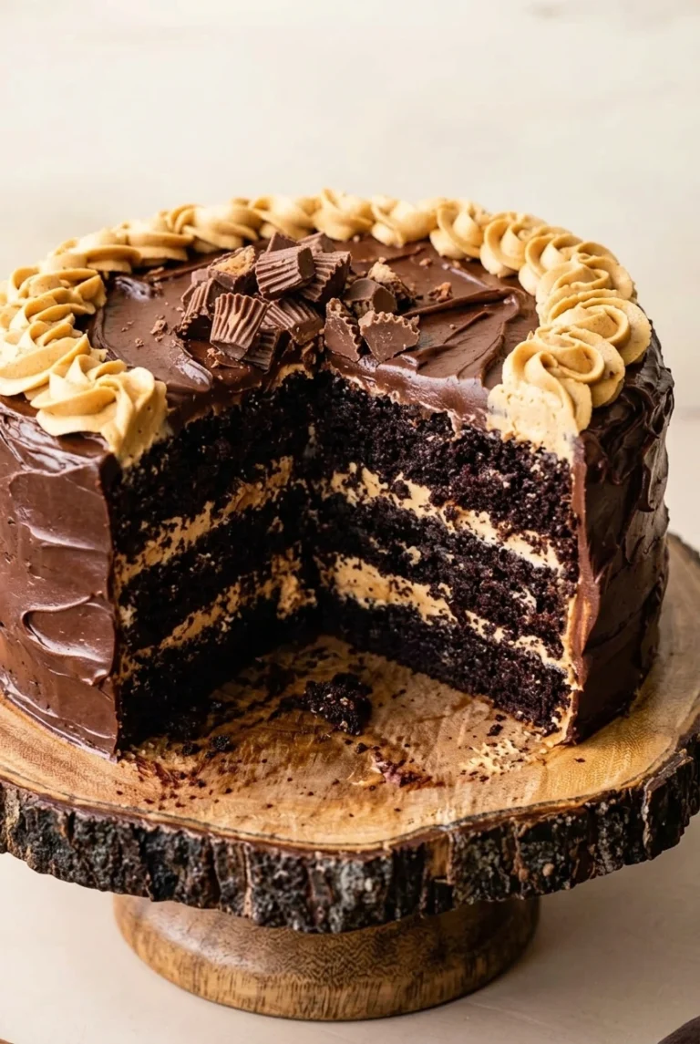 Chocolate Peanut Butter Birthday Cake Chocolate peanut butter birthday cake with a wedge removed, showing three chocolate layers and two peanut butter filling bands.