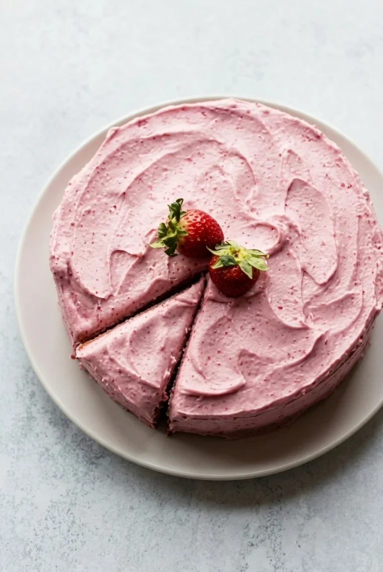 Strawberry Birthday Cake with Jammy Berry Filling Whole strawberry birthday cake with pale pink swirled frosting, two fresh strawberries, and a cut wedge on a light plate