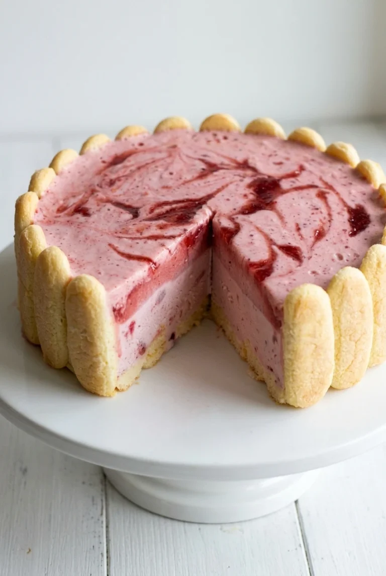 Birthday ice cream cake with a pink strawberry swirl, upright ladyfingers, and a slice removed to show the layers.
