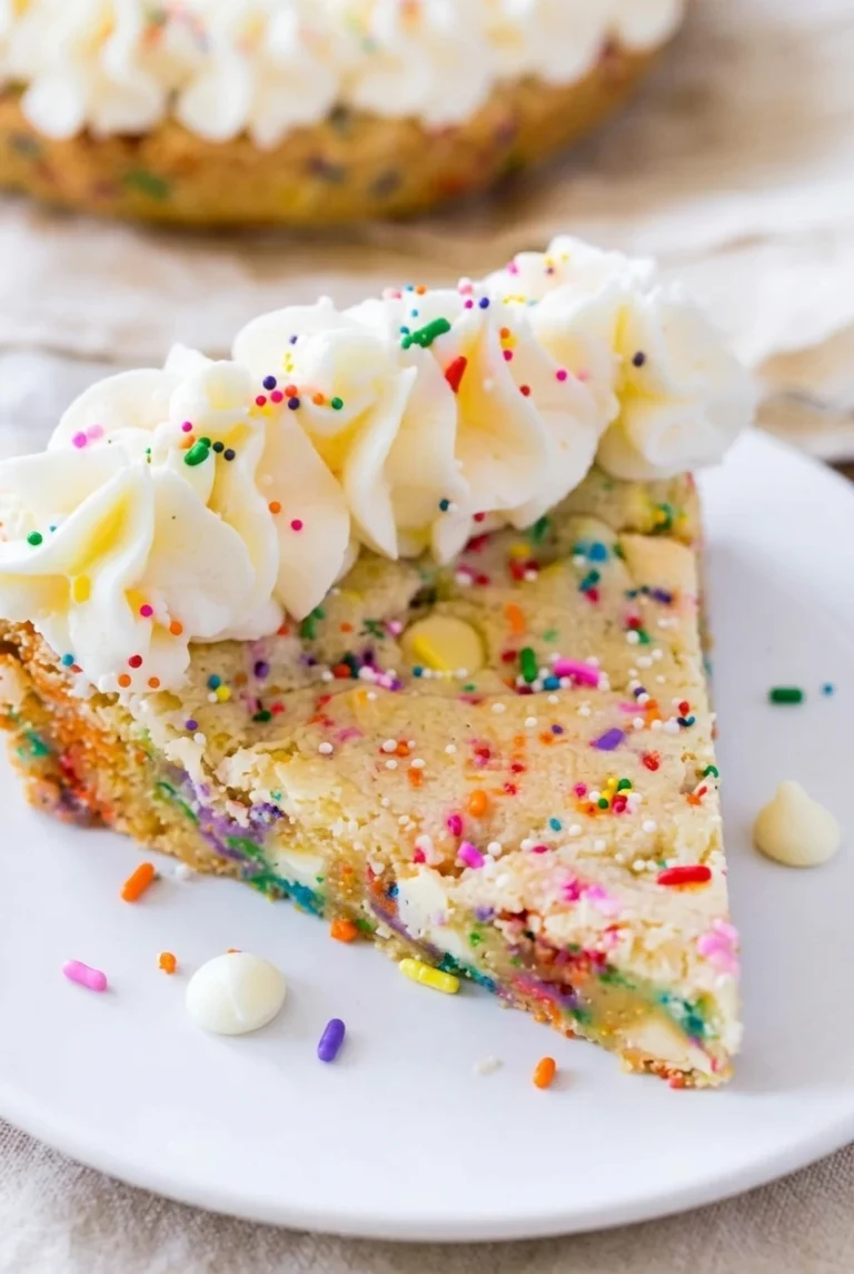Funfetti cookie cake wedge with rainbow sprinkles, white chocolate chips, and piped buttercream stars