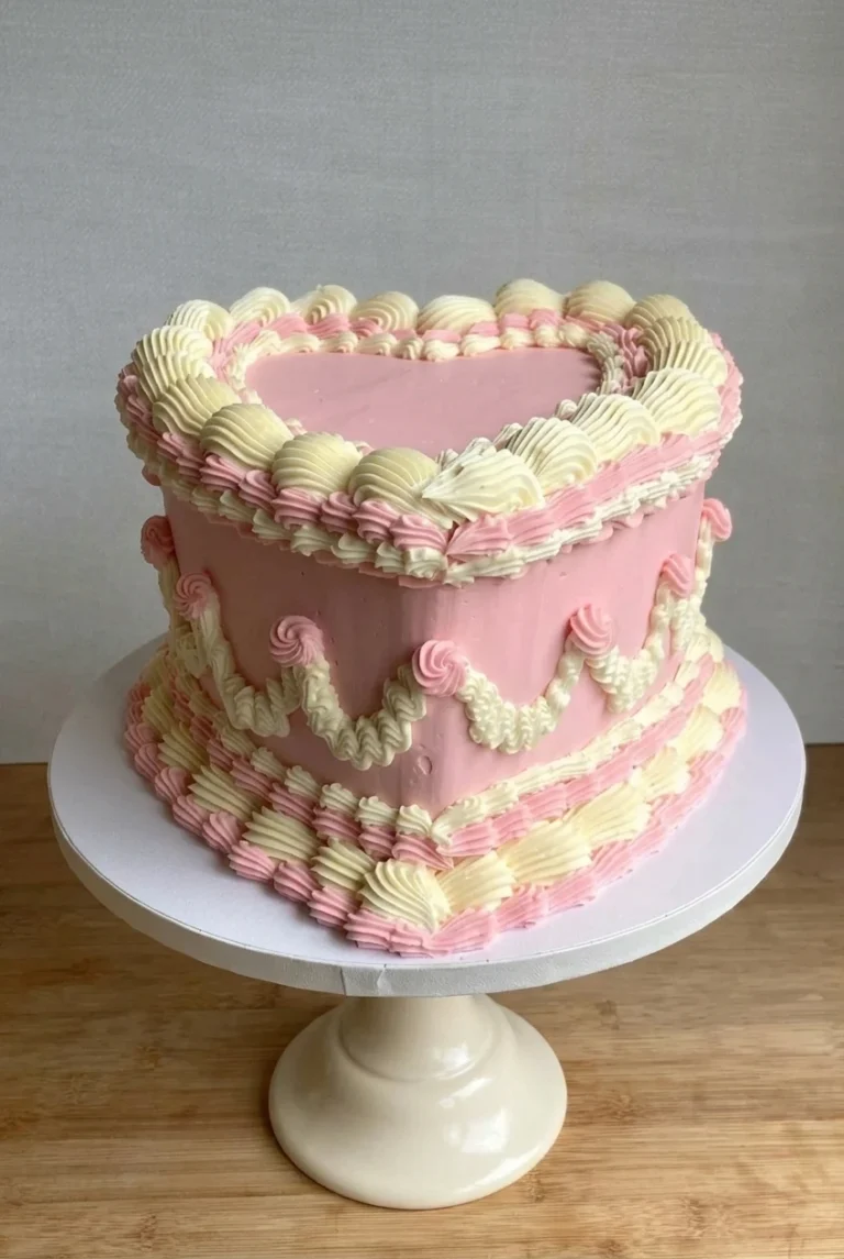Vintage Heart Birthday Cake with Buttercream Vintage Heart Birthday Cake with smooth pink frosting and ivory-and-pink piping on a pedestal stand