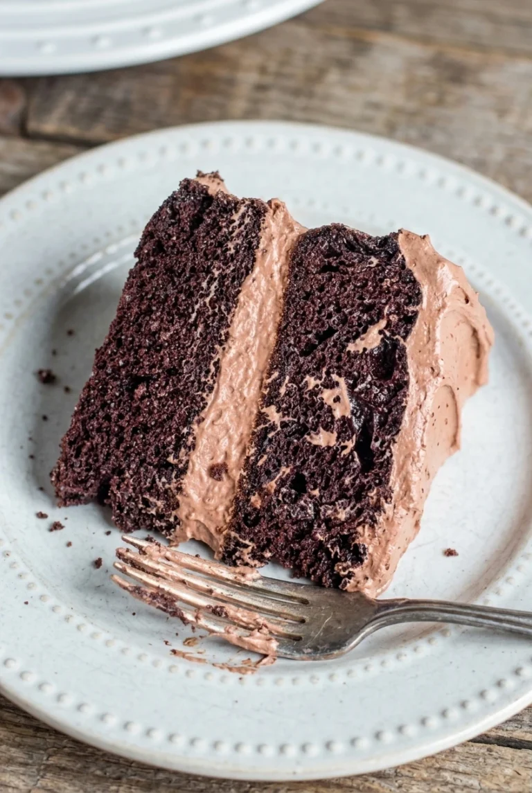 Sugar-Free Chocolate Cake with Creamy Chocolate Frosting A thick side-turned slice of sugar-free chocolate cake shows dark layers and a creamy chocolate frosting seam on a white plate.