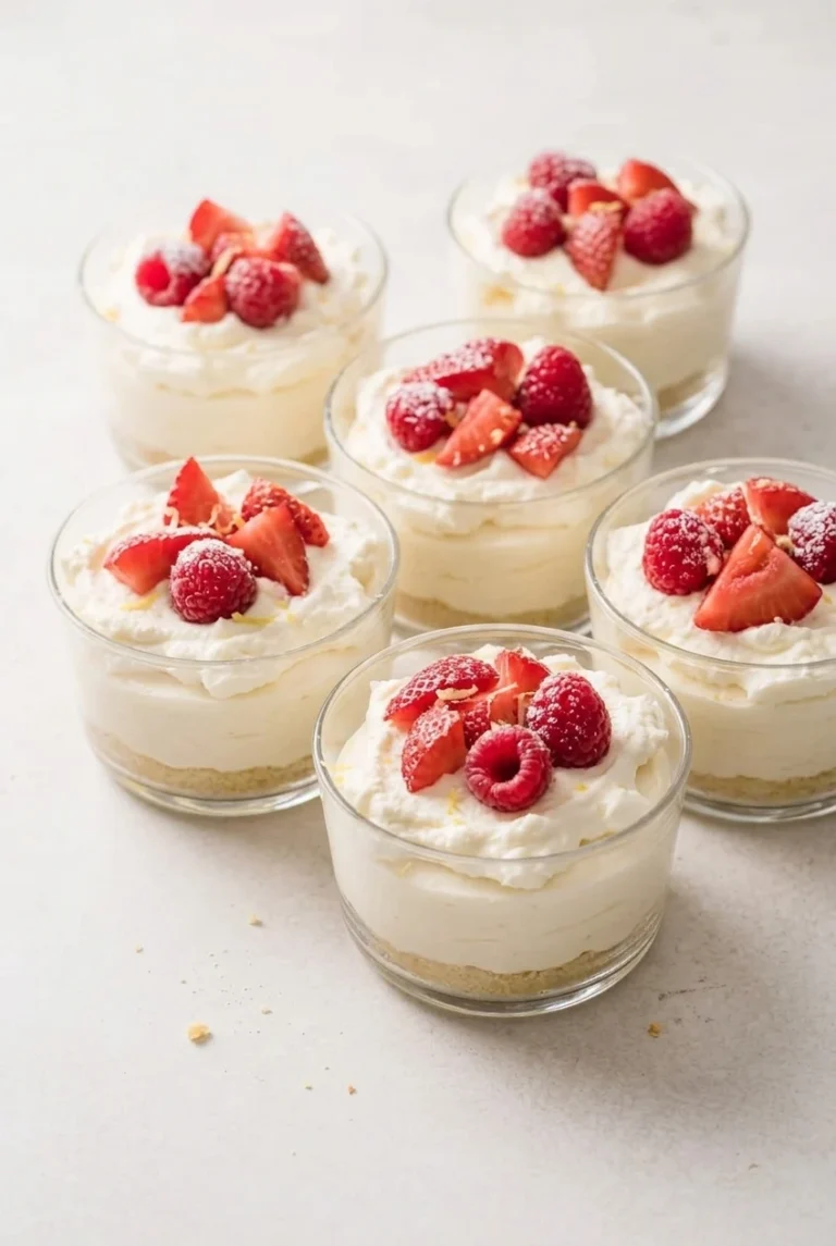 No-Bake Sugar-Free Cheesecake Cups with Berries Six clear cups of no-bake sugar-free cheesecake with almond crust, whipped cream, strawberries, and raspberries