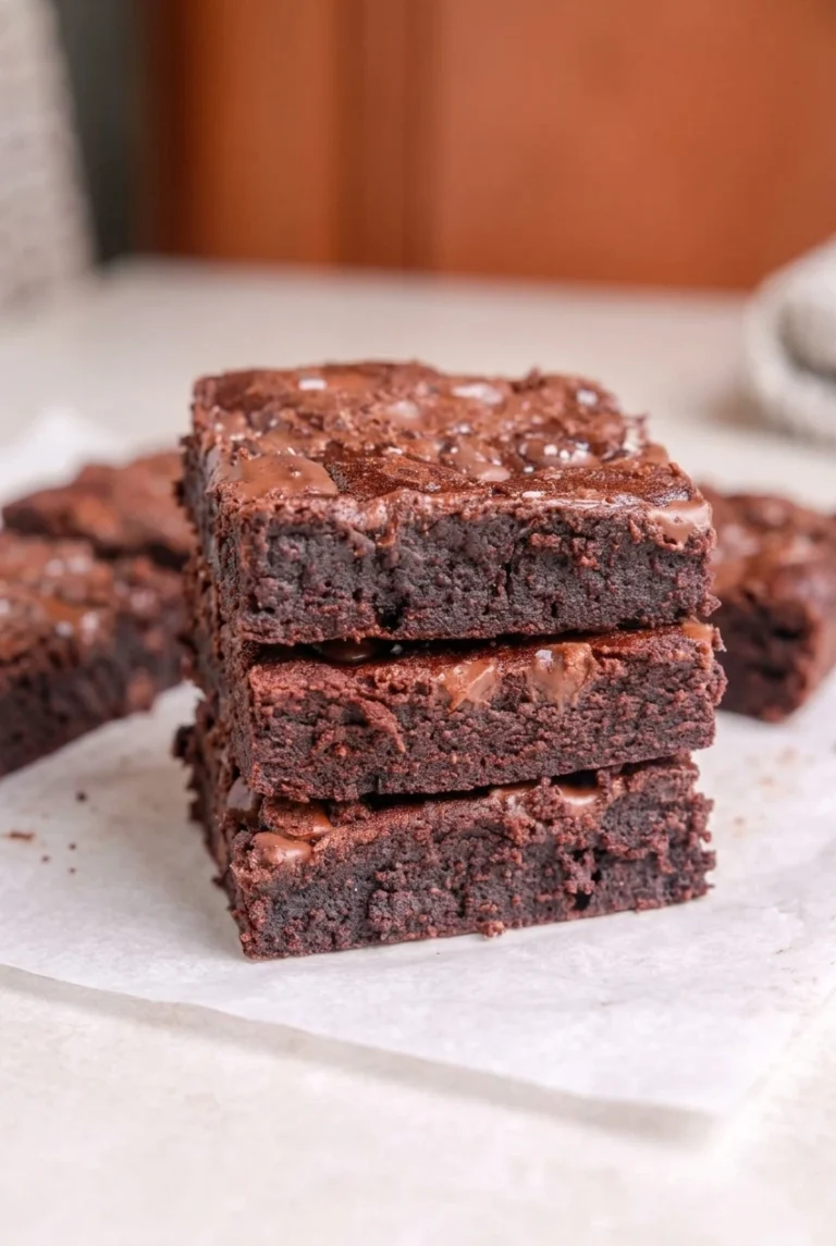 Sugar-Free Fudgy Brownies with Almond Flour Three thick sugar-free fudgy brownie squares stacked to show their dense chocolate crumb and chocolate pieces