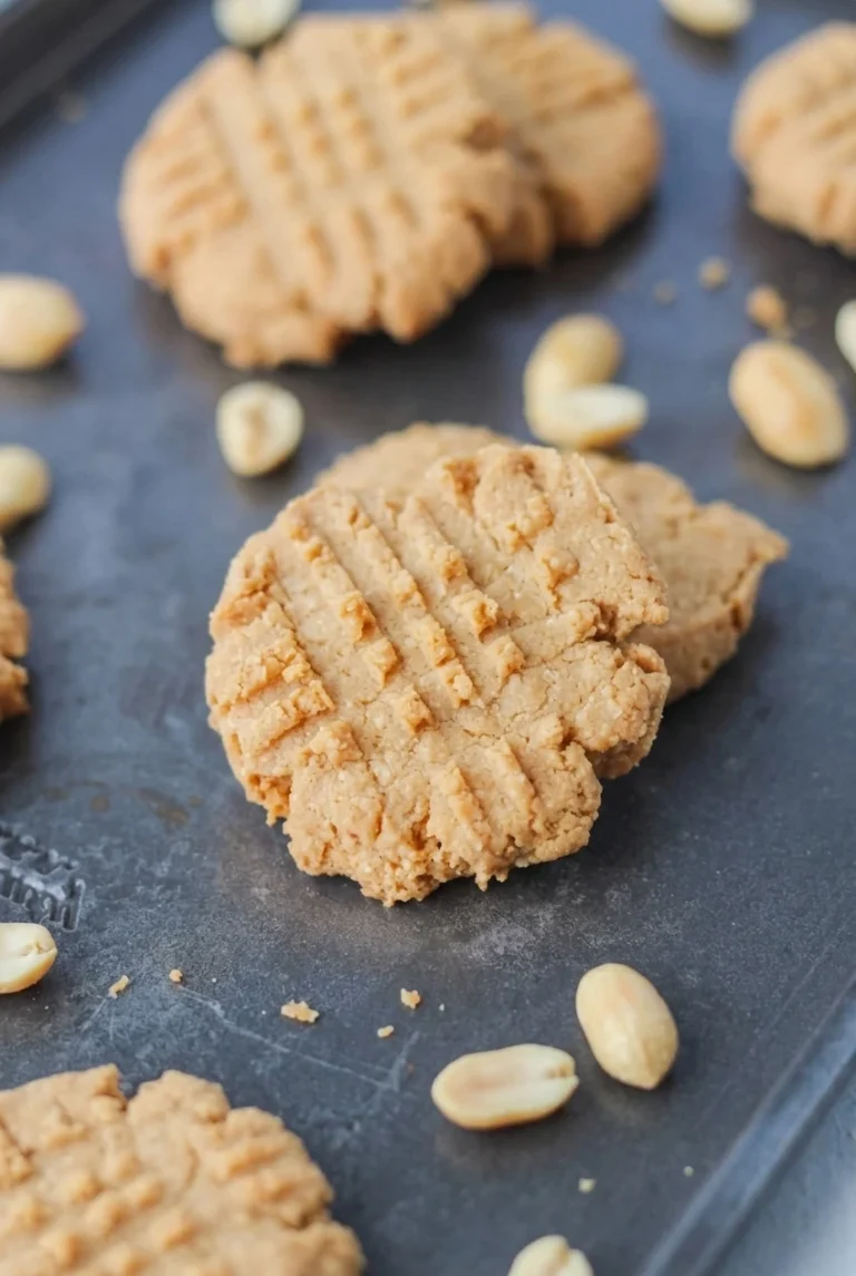 Sugar-Free Peanut Butter Cookies (Flourless) Pale golden-tan sugar-free peanut butter cookies with fork crosshatches on dark slate