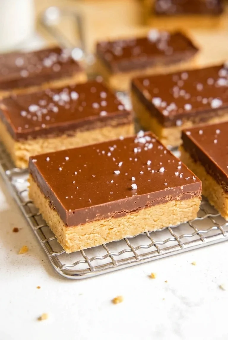 No-Bake Sugar-Free Peanut Butter Bars No-bake sugar-free peanut butter bars with a dense tan base, chocolate tops, and flaky salt on a wire rack