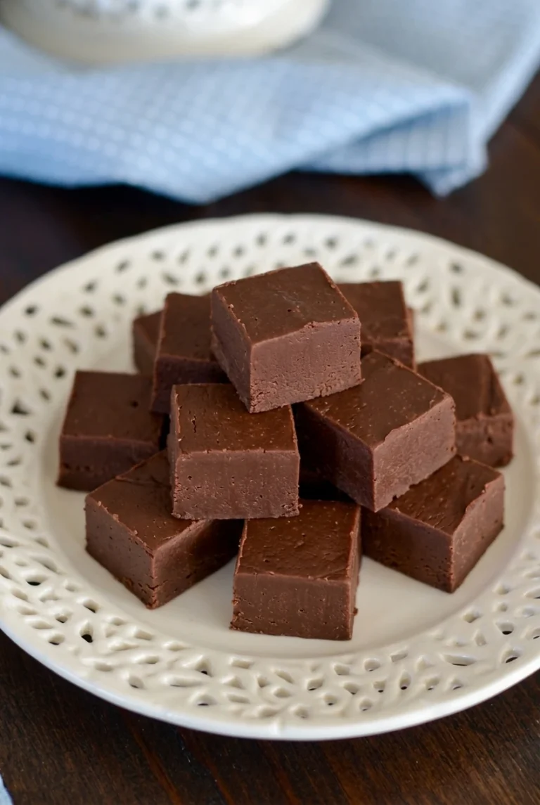 2-Ingredient Sugar-Free Chocolate Fudge Small squares of sugar-free chocolate fudge arranged on a light plate.