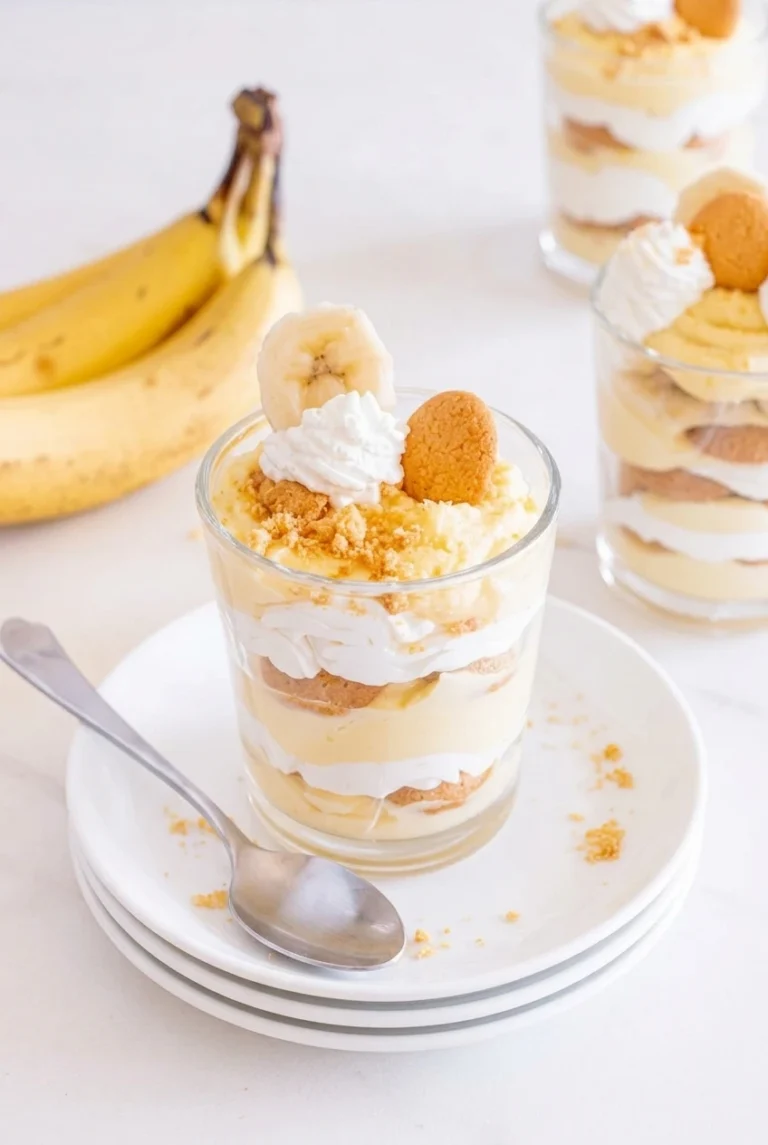 Easy Sugar-Free Banana Pudding Parfaits (No-Bake) Sugar-free banana pudding parfaits in clear glasses with distinct layers, whipped topping, wafer crumbs, and banana garnish.