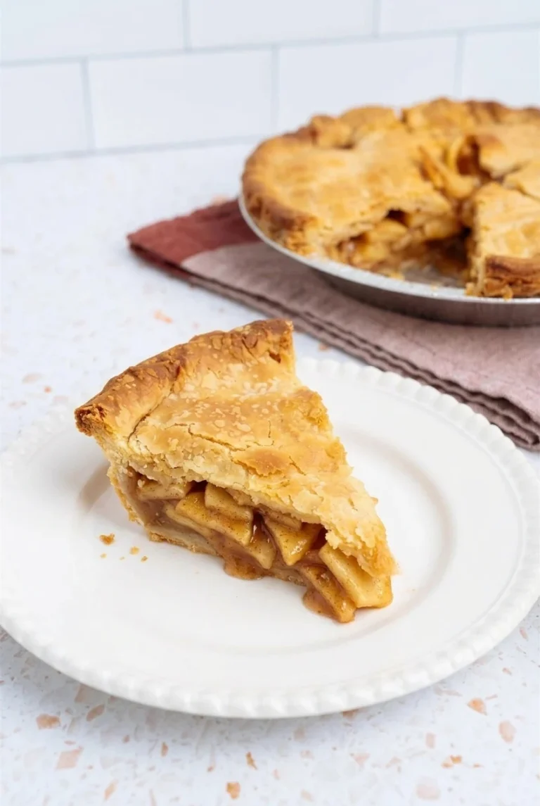 Sugar-Free Apple Pie with a Flaky Double Crust Sugar-free apple pie wedge with flaky golden crust and cinnamon apples, with the remaining pie behind it