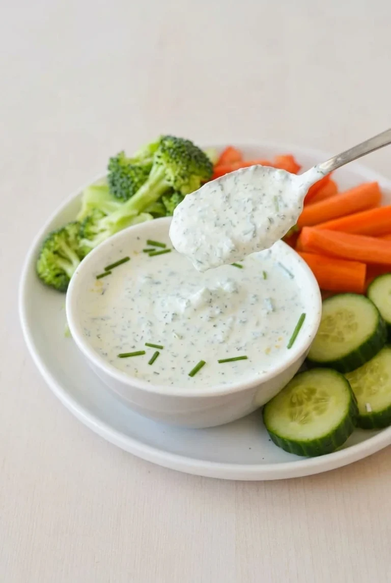 Healthy Cottage Cheese Ranch Dip Healthy cottage cheese ranch dip in a white bowl with a lifted spoonful, chives, broccoli, carrots, and cucumber.