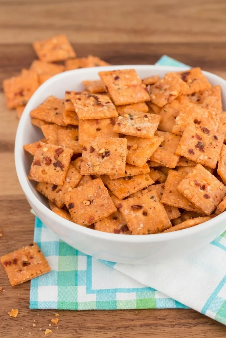 Homemade Baked Cheez-Its (Crispy Cheddar Crackers) Homemade baked Cheez-Its piled in a white bowl, with golden-orange square crackers and pepper flecks.