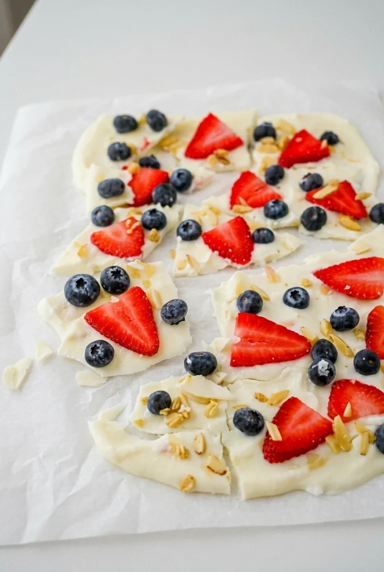 Frozen Yogurt Bark with Berries and Granola Frozen yogurt bark broken into irregular shards with strawberries, blueberries, and granola
