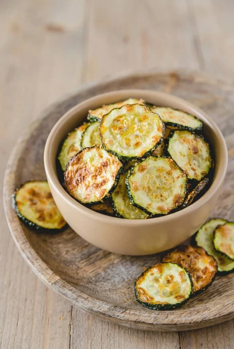 Air Fryer Zucchini Chips (Unbreaded Parmesan Rounds) Air Fryer Zucchini Chips in a matte beige bowl, with browned Parmesan-flecked rounds and extras on a wooden platter