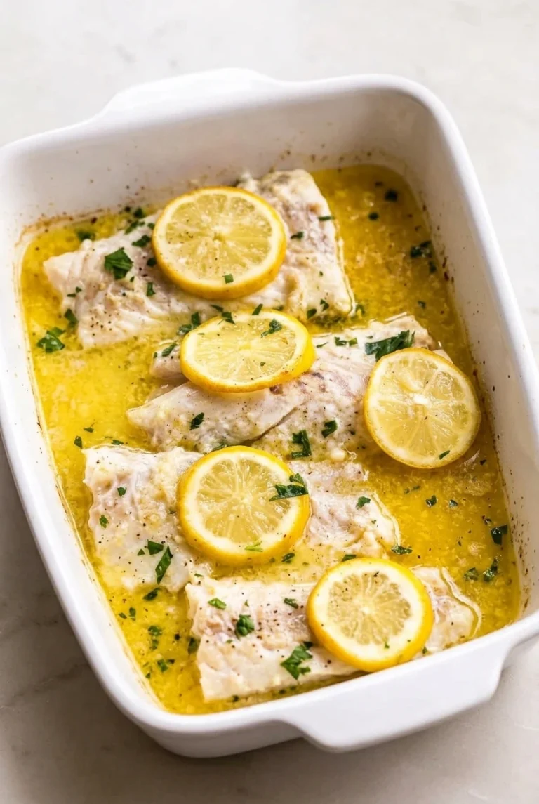 Lemon Garlic Butter Baked Cod Lemon garlic butter baked cod with lemon rounds and parsley in a shallow white baking dish