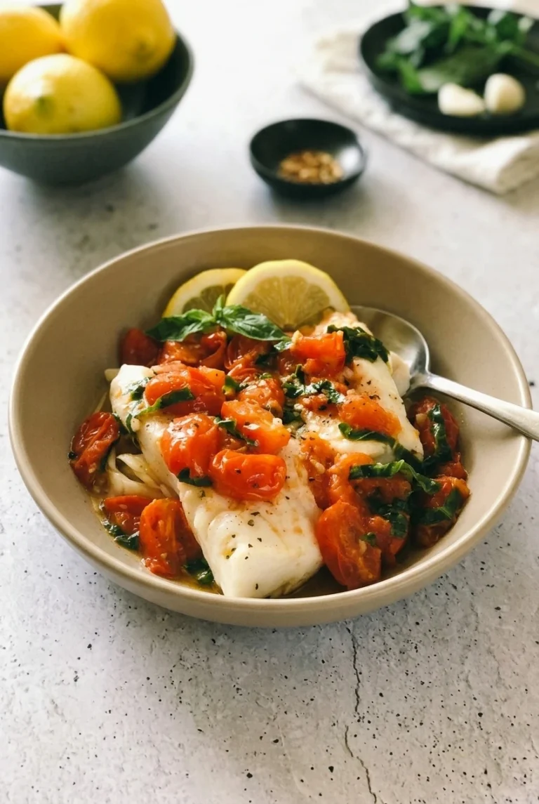 Pan-Seared Cod with Tomato Basil Sauce Pan-seared cod in a shallow bowl with chunky tomato basil sauce, fresh basil, and lemon slices.