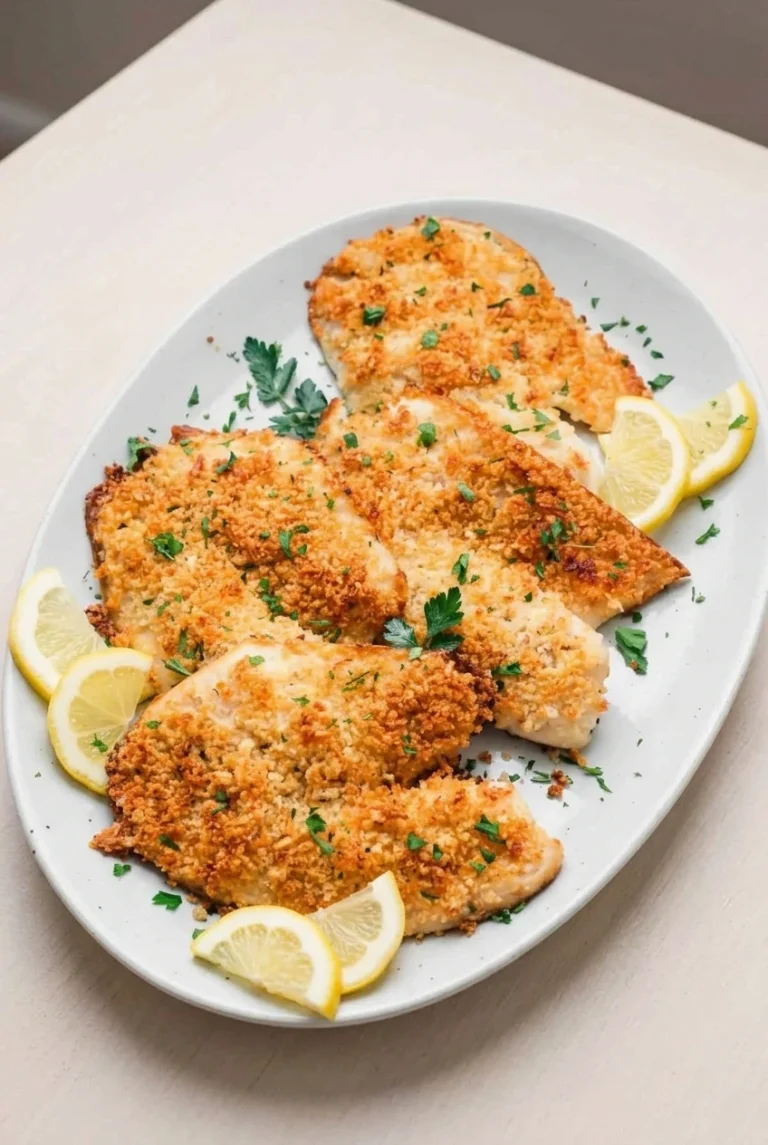 Crispy Baked Tilapia with Parmesan-Panko Crust Crispy baked tilapia fillets with golden Parmesan-panko crust, parsley, and lemon on a white oval platter
