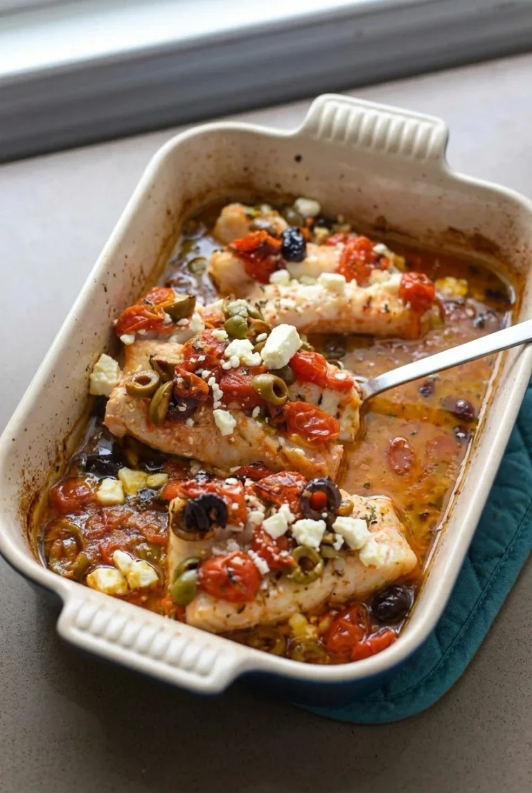 Mediterranean Baked White Fish with Tomatoes and Olives Mediterranean baked white fish with tomatoes, green and dark olives, and feta in a ceramic baking dish
