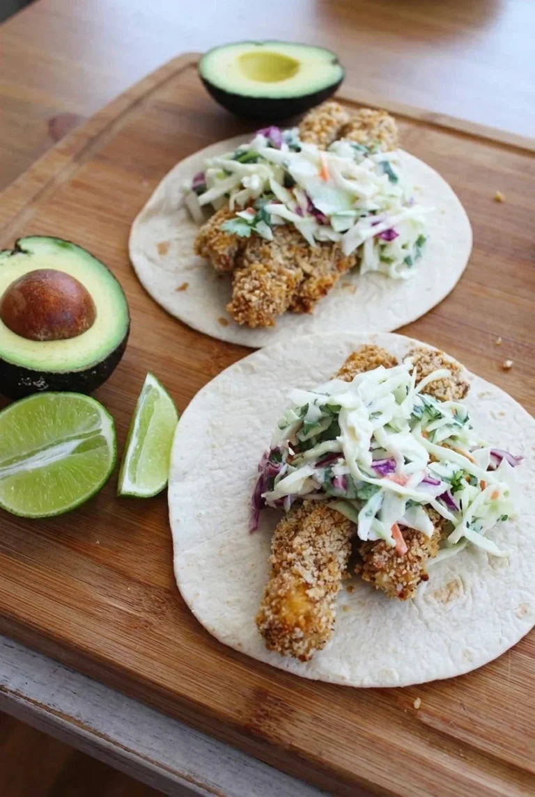 Crispy Baked Fish Tacos with Cilantro Lime Slaw Open-faced baked fish tacos with golden panko strips, creamy colorful slaw, avocado, and lime on a wooden board