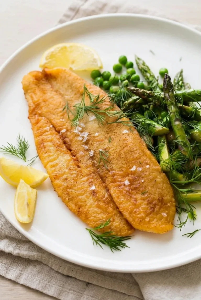 Golden pan-fried fish fillets with dill, flaky salt, lemon, asparagus, and peas on a white plate