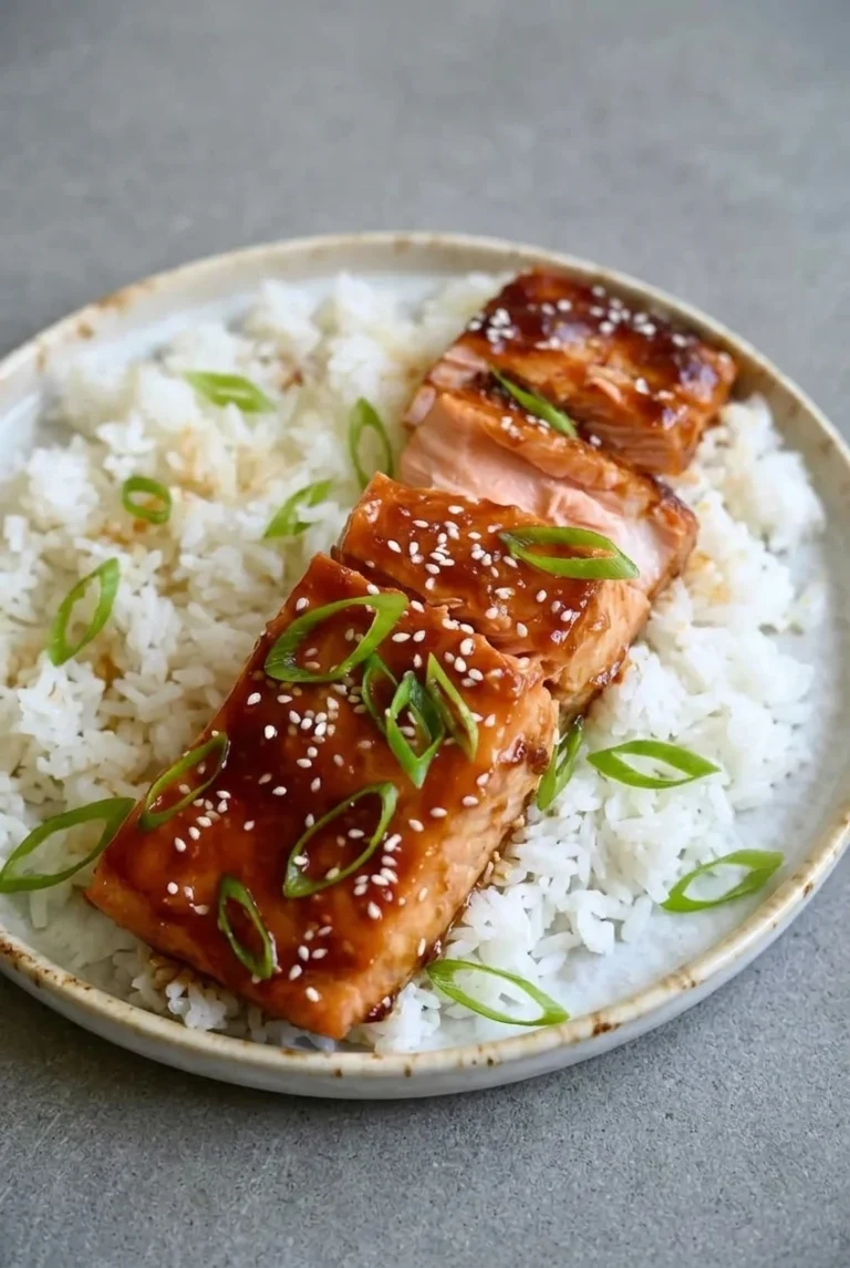 Honey garlic glazed salmon in thick sections over white rice, topped with sesame seeds and scallions