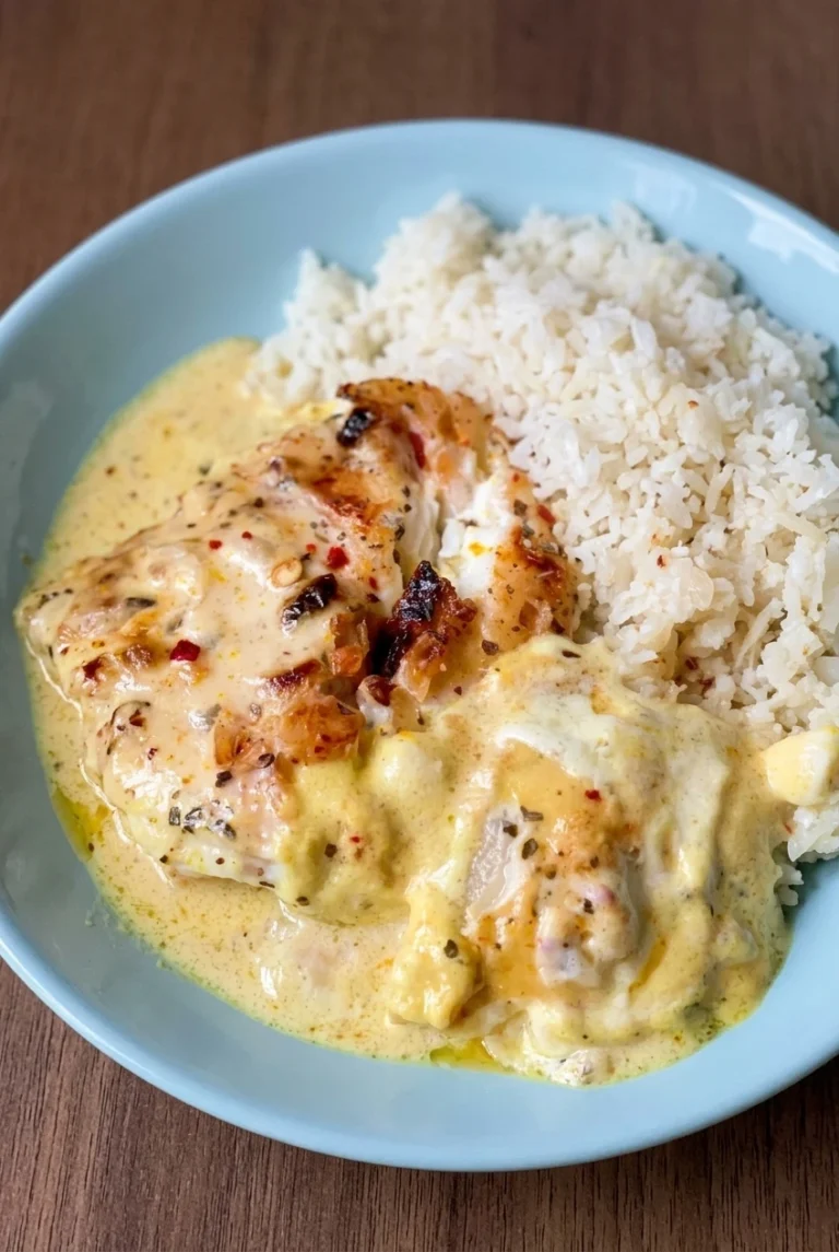 Coconut Lime Fish with Creamy Sauce and Rice Coconut lime fish with golden seared fillets, creamy pale-yellow sauce, and a separate mound of rice on a blue plate