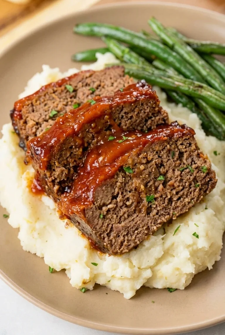 Cracker Barrel Meatloaf Copycat Recipe Cracker Barrel meatloaf copycat slices with glossy glaze over mashed potatoes and green beans