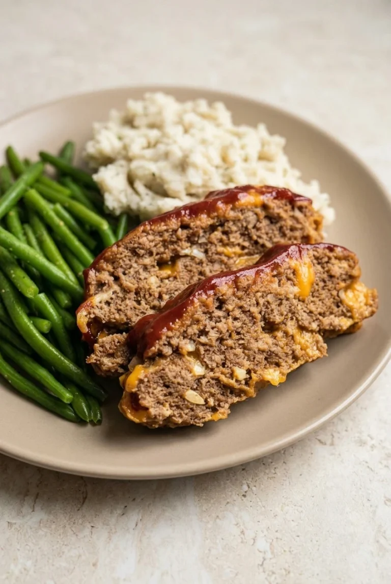 Cheeseburger Meatloaf with Cheddar Cheese Thick slices of glazed cheeseburger meatloaf with cheddar pockets, mashed potatoes, and green beans on a plate