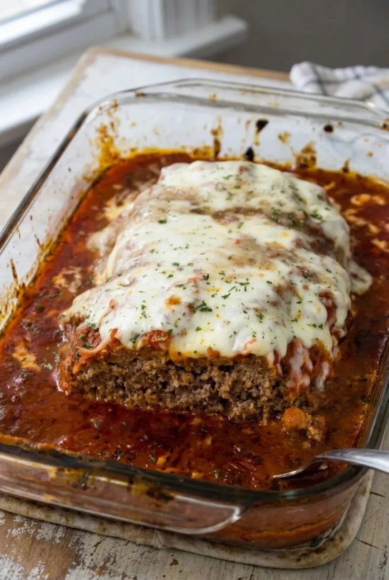 Italian Meatloaf with Mozzarella and Marinara Italian meatloaf with melted mozzarella and parsley in marinara, cut to show its interior in a glass baking dish