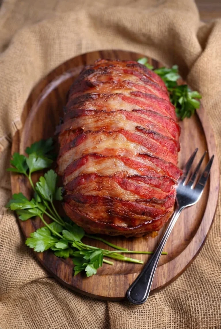 Bacon-Wrapped Meatloaf with Ketchup Glaze Whole bacon-wrapped meatloaf with glossy browned bacon on a wooden platter with parsley