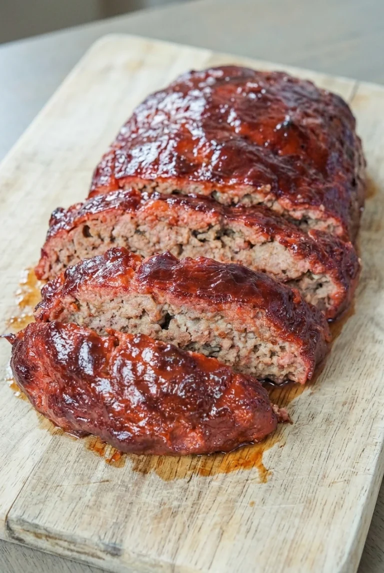 Thick slices of glossy BBQ meatloaf overlap on a wooden board in front of the remaining glazed loaf.