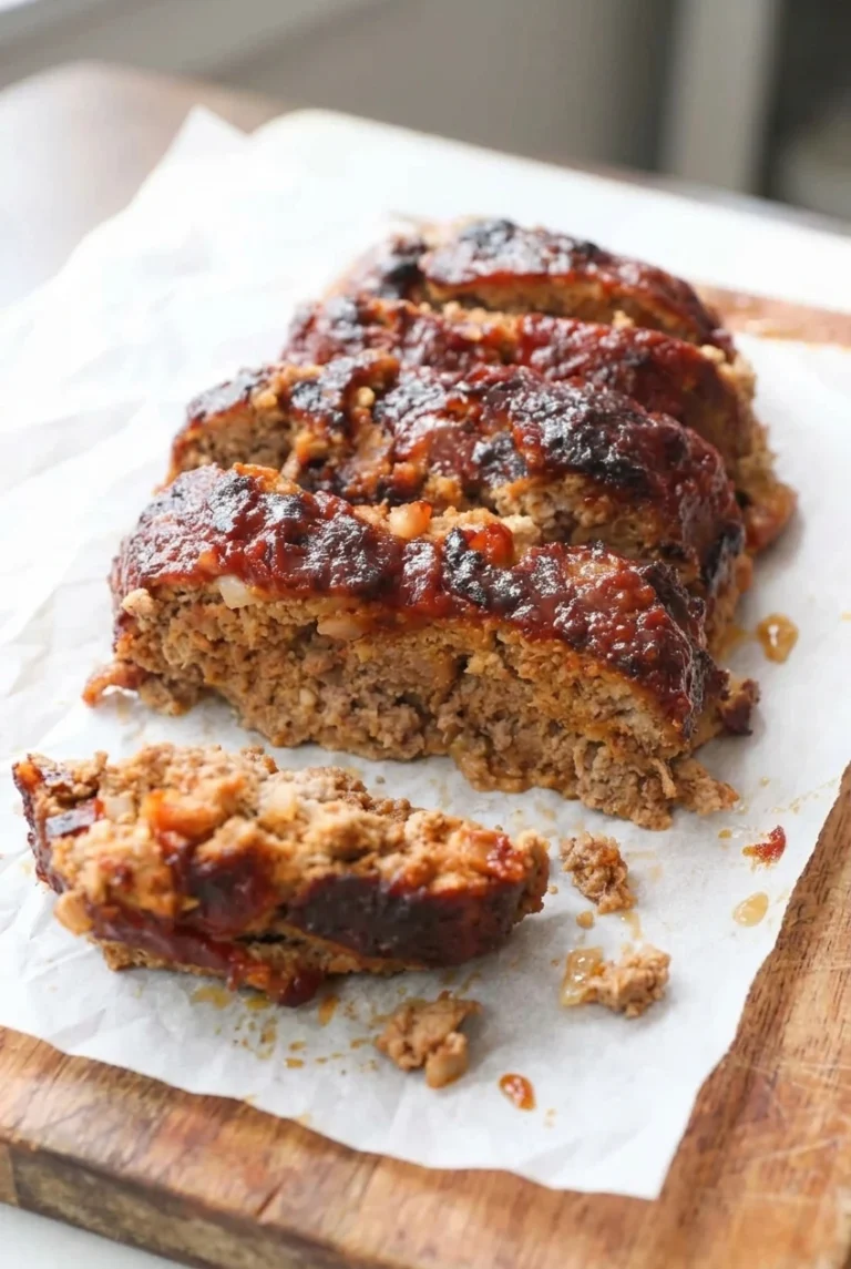 Air Fryer Meatloaf with Glossy Ketchup Glaze Thick slices of air fryer meatloaf overlap on parchment, showing glossy ketchup glaze and tender onion-speckled centers.